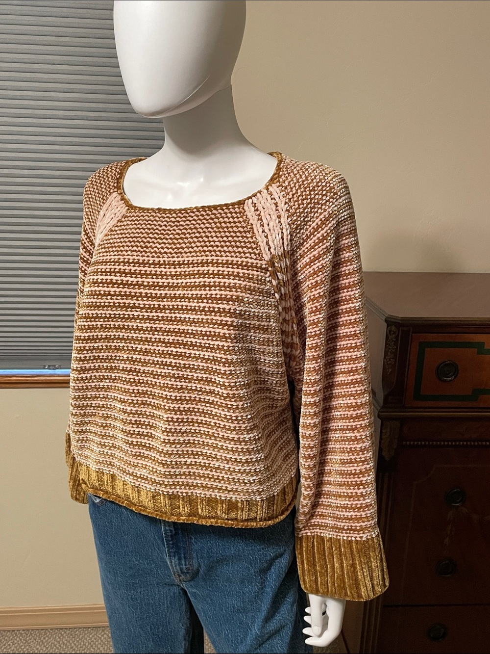 Anthropologie Moth Oversized Chenille Striped Pullover Sweater M Mustard EUC